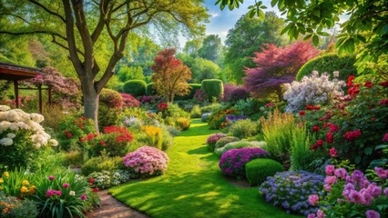 Fototapeta premium Garden of Blooming Delights, lush greenery, tranquil atmosphere, lush greenery