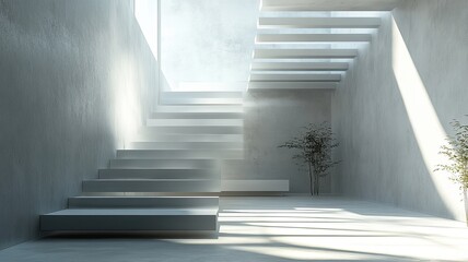 Obraz premium Modern concrete stairwell, sunlight, plants, minimalist design, architecture