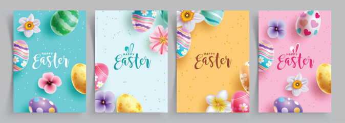 Happy easter clipart poster set. Easter egg greeting card with colorful eggs and flowers decoration clip art elements for holiday postcard template. Vector illustration kids hunt celebration. 
