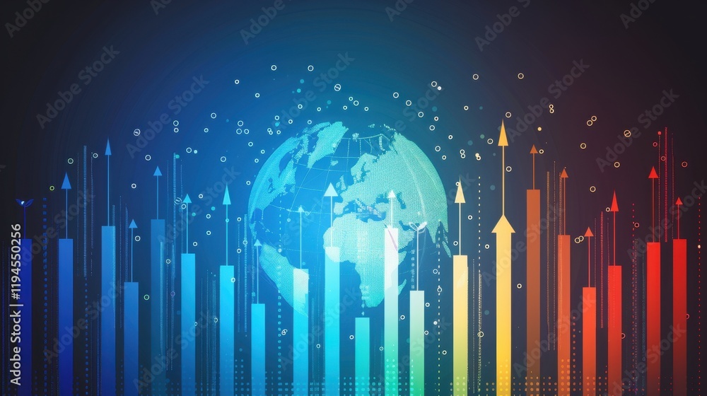 Poster colorful data visualization with globe and rising graphs, representing global growth and analytics. 