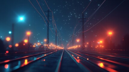 Overhead electricity transmission lines with digital visualization of electricity. Concept of renewable green energy and ecological environment.