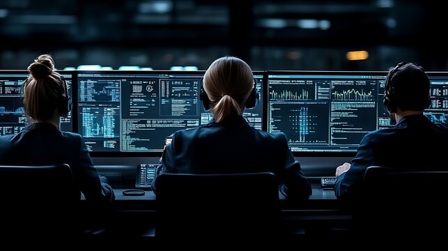 Three cybersecurity professionals monitor screens.