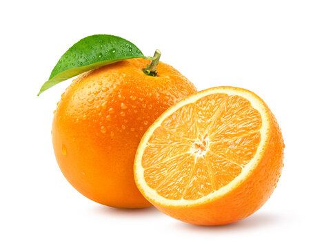 Fresh orange and cut in half with water droplets isolate on white background. Clipping path.