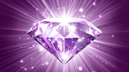 stunning purple diamond sparkles with radiant light, surrounded by vibrant rays and shimmering stars, creating magical and luxurious atmosphere