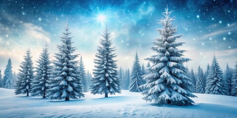 Obraz premium Frosty pine trees standing solitary in a serene winter wonderland with snowflakes gently falling around them, snowy woods, blanketing snow