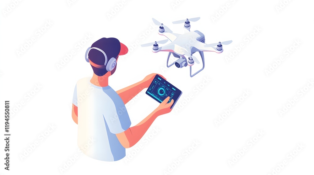 Poster man operating a drone with a tablet controller