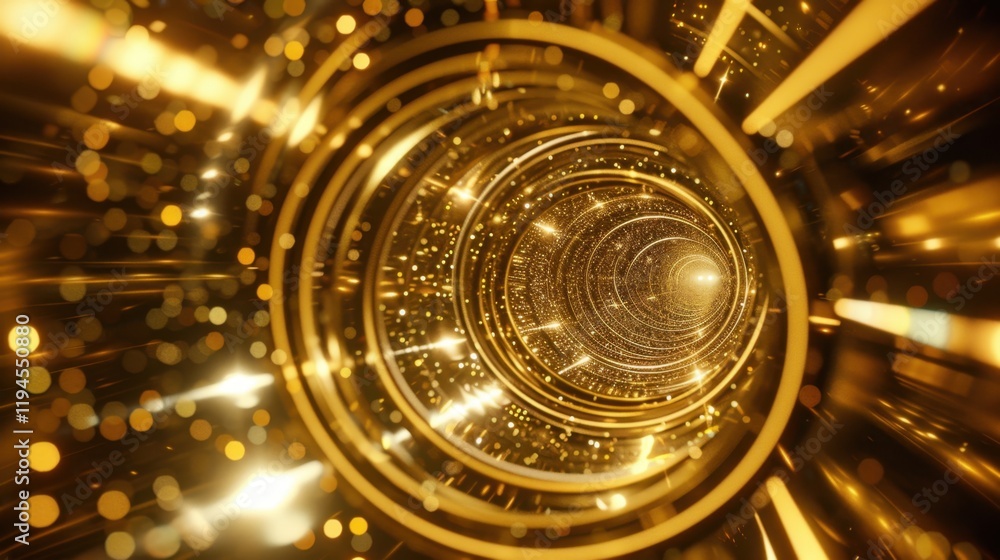 Poster golden tunnel with sparkling lights, creating mesmerizing effect. swirling patterns and luminous par