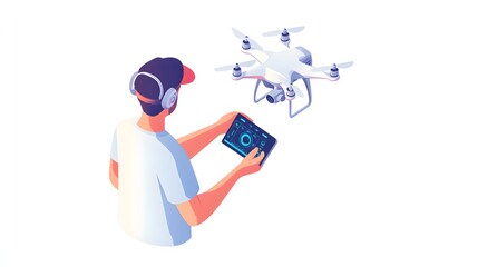 Naklejka premium Man operating a drone with a tablet controller