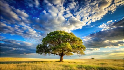 Fototapeta premium Majestic tree standing alone in a vast open landscape under clear blue sky with few white clouds and warm sunlight filtering through its leaves, serene, wilderness