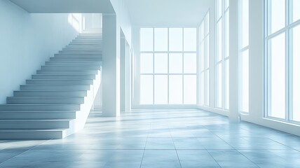 Obraz premium Modern office staircase, sunlight, city view