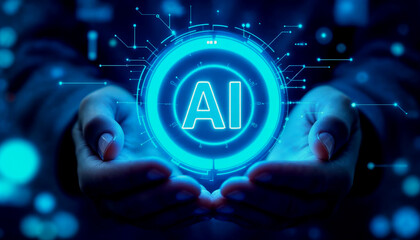 Hands Holding Holographic AI Interface