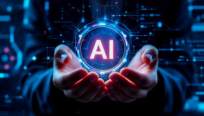 Hands Holding Holographic AI Interface