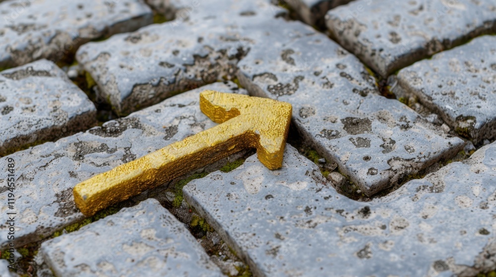Poster golden arrow symbol on wet cobblestone surface, indicating direction and purpose. contrast between s