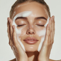 Elegant Supermodel Washing Face with Facial Foam, Radiant Skin Close-Up