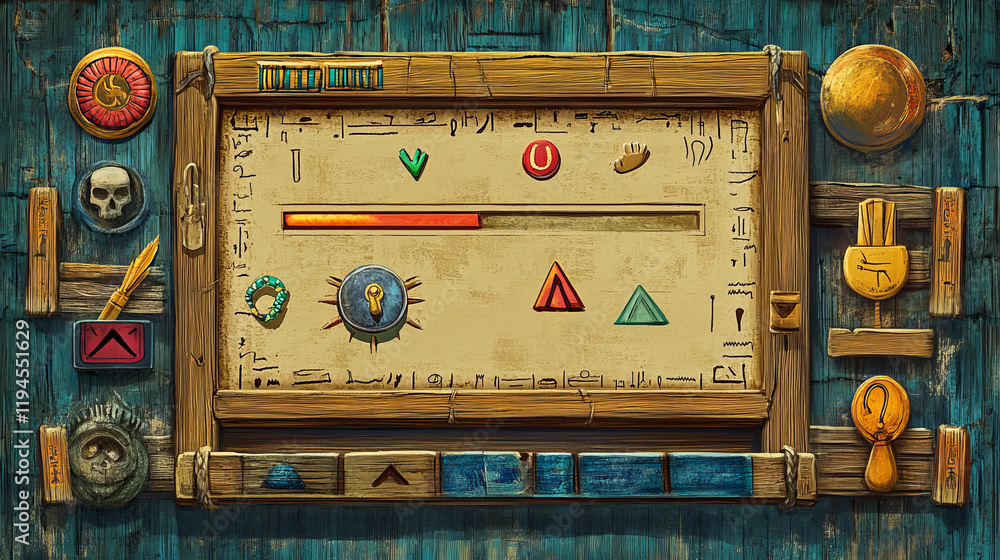 Poster egyptian ui game interface cartoon vector icon. egypt menu design element set with level frame, prog