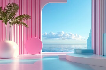 Pink room, ocean view, product display, summer