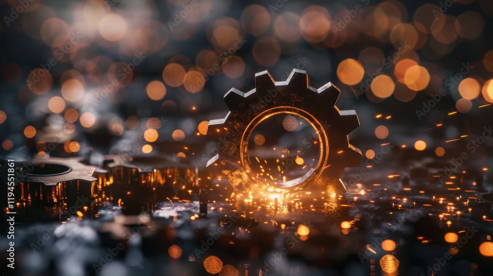 Poster close up of metallic gear surrounded by sparks and blurred lights, creating dynamic industrial atmos