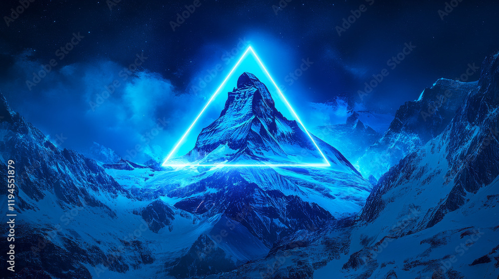 Poster synthwave background with abstract grid mountain landscape and bright glowing neon triangle. realist