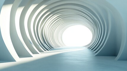 Circular tunnel, bright exit, abstract architecture, 3D render, design