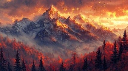 Naklejka premium A glowing mountain range with golden peaks and vibrant crimson forests below