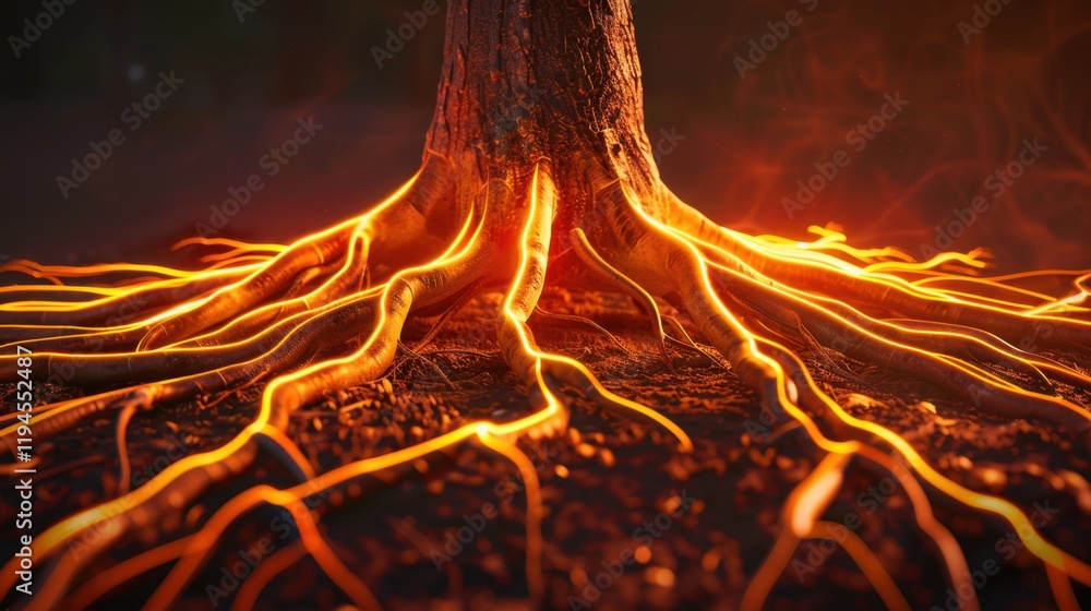 Poster glowing tree root system with vibrant orange light illuminating dark soil, creating mystical and enc