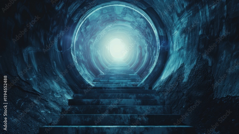 Poster mysterious tunnel with illuminated stairs leading to bright light, creating ethereal atmosphere. dar