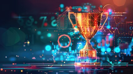 glowing trophy surrounded by digital elements and vibrant colors symbolizes achievement and success in modern, tech inspired environment