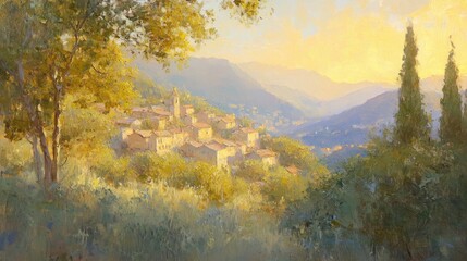 Fototapeta premium Serene landscape captures charming village nestled among rolling