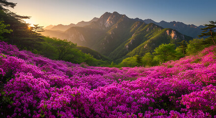 Obraz premium A panoramic view of the Great Wall of China stretching across lush green mountains under a clear blue sky