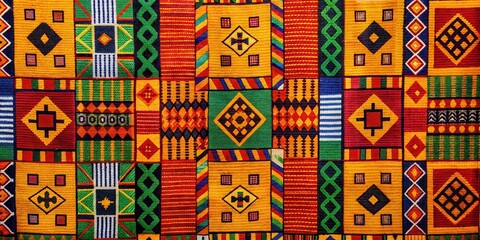 Traditional African Adinkra cloth with vibrant, colorful patterns and symbols