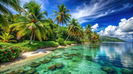 Obraz premium Palm tree-lined beach with crystal-clear waters and vibrant coral reefs, set amidst a lush green landscape of swaying palms and exotic flowers , tropical, coastal scenery
