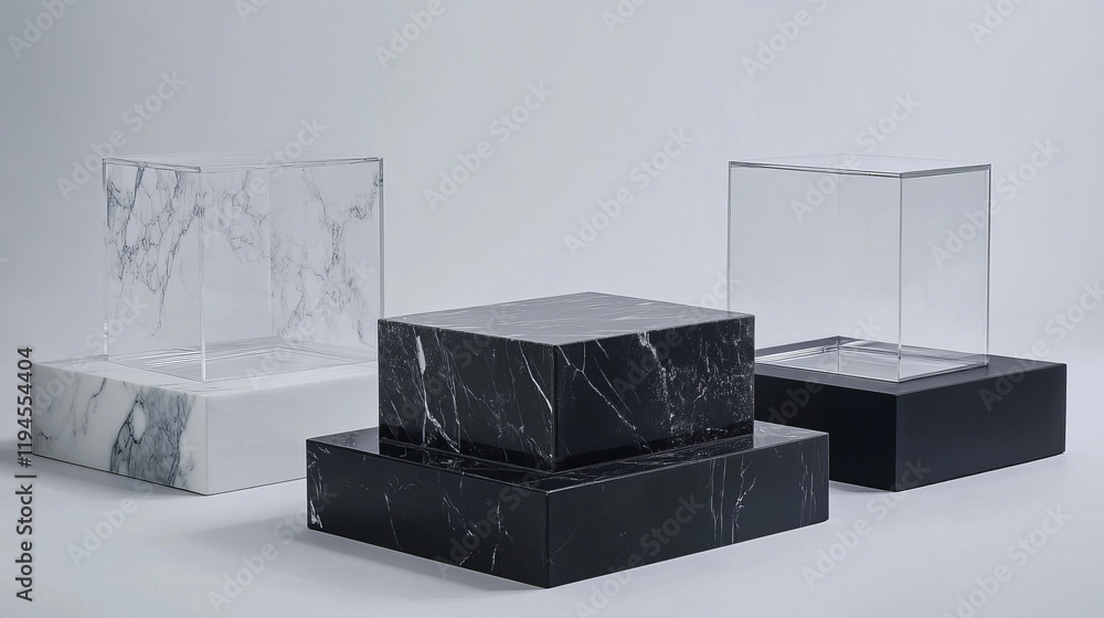 Poster glass cube boxes on black, white and marble stand. empty clear square showcases on plastic podiums. 