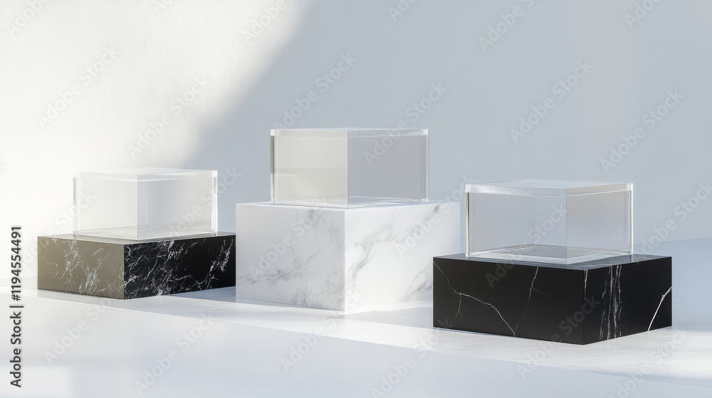 Poster glass cube boxes on black, white and marble stand. empty clear square showcases on plastic podiums. 