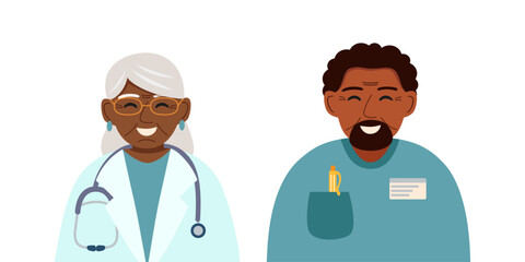 Portraits of male and female elderly doctors isolated on white. Concept of medicine, healthcare, clinic, assistance. Vector hand drawn cliparts.