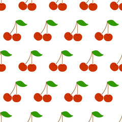 Seamless Cherry Pattern with White Background. Repeating pattern of red cherries with green leaves on a clean white background, perfect for textile, wallpaper or design projects. Vector illustration