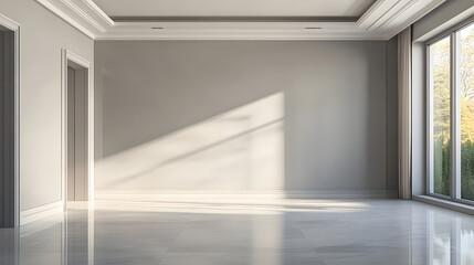 Fototapeta premium Bright, empty room with large windows allowing ample natural light.