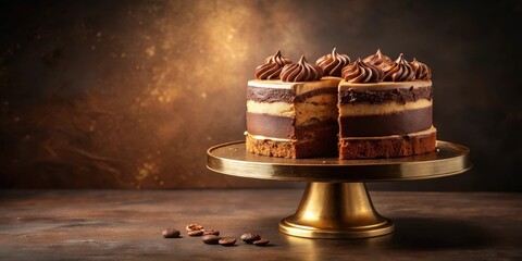 Decadent chocolate cake with a slice missing sits on a golden pedestal, surrounded by rich brown sugar and cream frosting decorations , baked goods, desserts