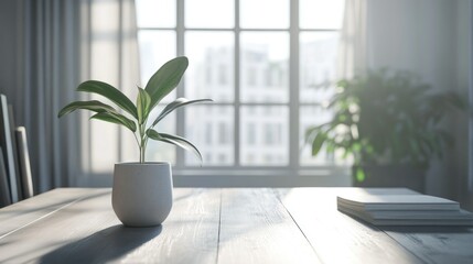 Modern Home Office - Wood Table and Plant
