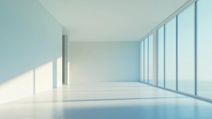 Fototapeta premium Empty modern office, sunrise view, ocean backdrop