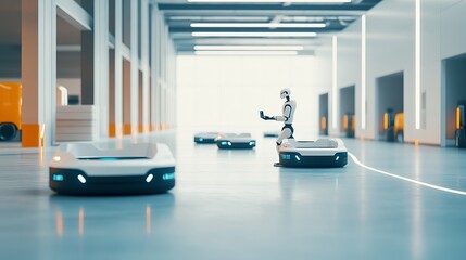 A robot controlling autonomous delivery robots in a modern urban logistics hub with automated tracking and delivery systems, clean and efficient environment, Logistics-tech style