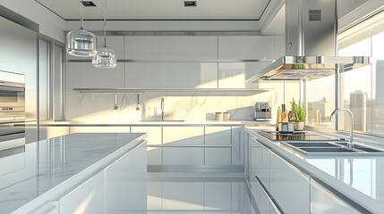 Spacious kitchen with glass walls, abundant natural light, and sleek design.