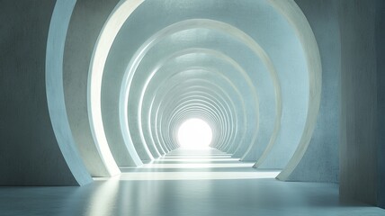 Fototapeta premium Futuristic circular tunnel, bright light ahead