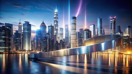 Fototapeta premium A sleek, metallic tape is stretched across a futuristic cityscape at dusk, with towering skyscrapers and neon lights in the background , cityscape, coming soon