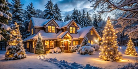 Fototapeta premium Winter wonderland house with festive lights and snow-covered trees on the background, peaceful haven, warm glow