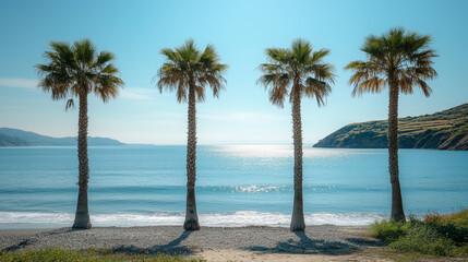 Four palm trees stand in a row on a beach, with a calm blue sea