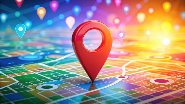 Event map pin location on a colorful background with various icons and symbols, mapping, iconography