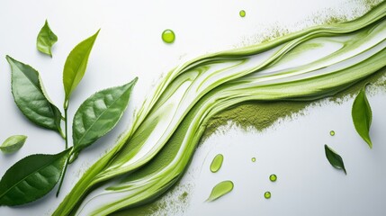 High Quality Rendering of Matcha Powder Swirled with Green Elements