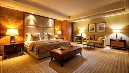 Warm and inviting hotel room with plush carpeting, modern furniture, and soft
