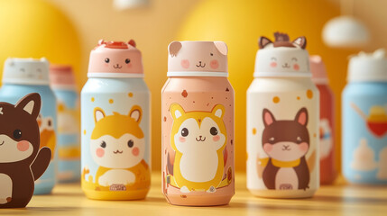 Obraz premium Children milk in cardboard package with original and vanilla, chocolate and caramel flavor and kawaii animal characters image. Cartoon vector dairy drink milkshake with cute funny face on carton box.
