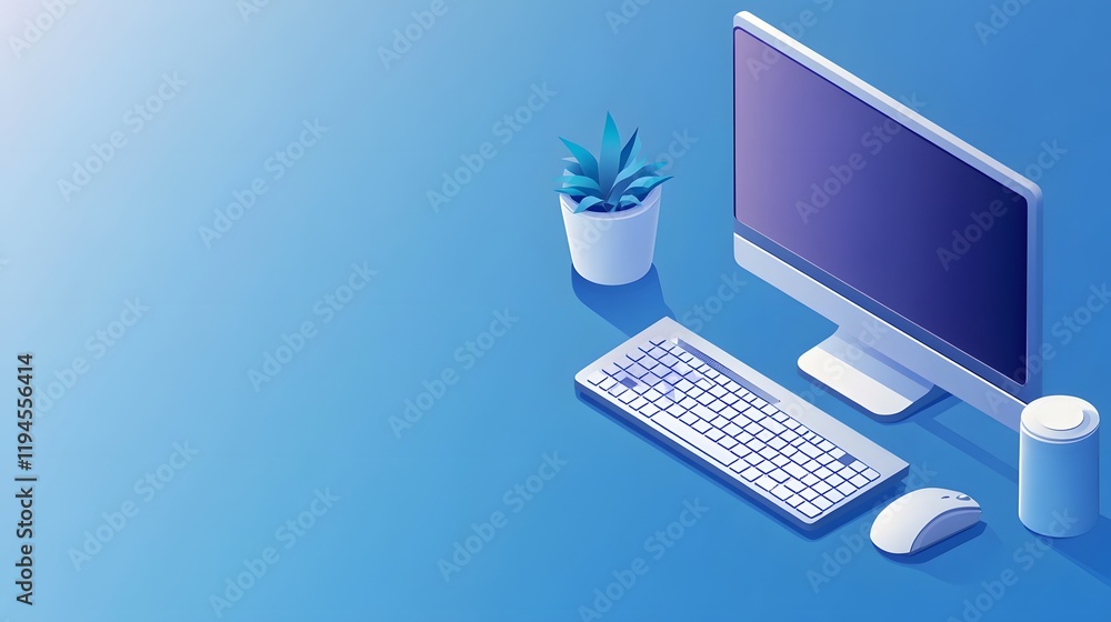 Aufkleber modern workspace setup with computer keyboard mouse and plant